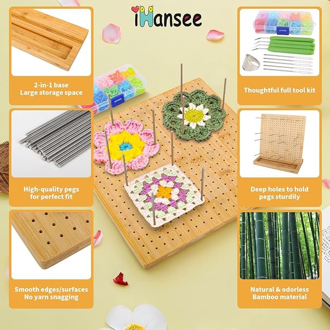 iHansee 11" Crochet Blocking Board with 20 Pegs, 200 Stitch Markers, Bamboo Granny Square Blocking Boards for Crochet Projects, Knitting Crocheting Accessories Kit, Gifts for Crocheters