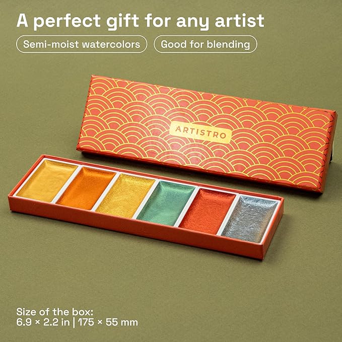 ARTISTRO Professional Metallic Watercolor Paint Set for Adults - 6 Pigment-Rich Metallic Colors, XL Pans, ASTM-I Lightfastness, High Tinting Strength Watercolor Set for Professionals made by professionals