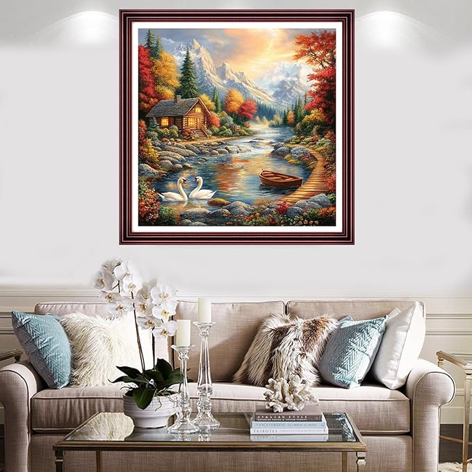 Redxing Stamped Cross Stitch Kits Full Range of Embroidery Starter Kits- Needlepoint Counted Cross Stitch Kits for Beginner Adults 11CT Printed Embroidery Kit-Autumn Scenery Swan Lake 18x18 inch