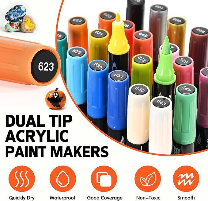 24 Colors Dual Tip Acrylic Paint Markers, Acrylic Paint Pens with Fine Tip and Brush Tip for Rock Painting, Wood, Plastic, Glass, Canvas, Fabric, Pumpkin, DIY Crafts Making Art Supplies