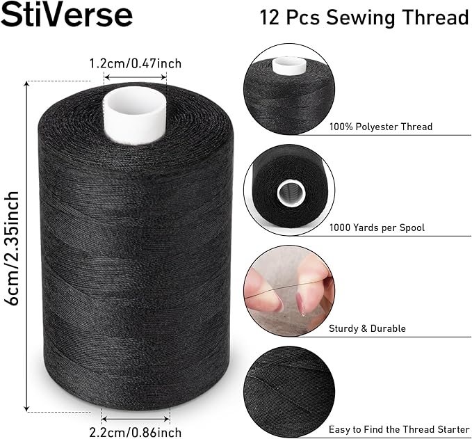 ilauke Sewing Thread, 12 Spools 1000 Yards Each Black Polyester All Purpose Thread, Sewing Machine Supplies fo Beginners/Hand Sewing/Hand Stitching, Quilting