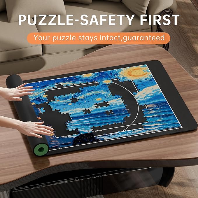 Lwoeo Jigsaw Puzzle Mat Roll Up, Black Rubber 53.3” x 35” Smooth Top Saver Pad Up to 3000 Pieces，Large Puzzle Matt Rollup with 6 Sorting Trays & 1 Storage Bag for Sorting Table, Board, Frame Mats