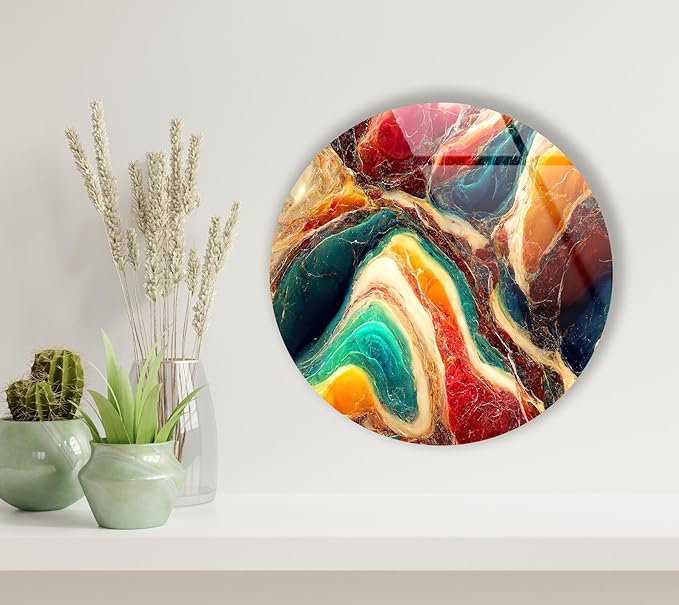 My Photostation.com 24''(60cm) Diameter Colorful Marble Swirl Round Wall Art Abstract Glass Decor with Earthy Tones & Gemstone Texture