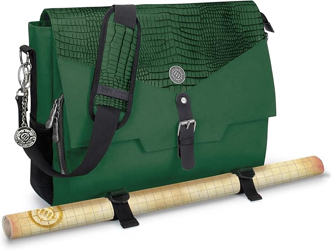 ENHANCE Collector's Edition RPG Player's Essentials DND Bag - Dragon Hide Exterior Messenger Bag Fits 2-4 Books, Binders, Dice & Accessories, with 17 inch Laptop Slot, Battlemap Straps (Dragon Green)