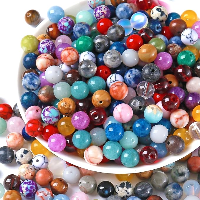 100PCS 10MM Mixed Color Stone Beads Round Loose Spacer Gemstone Beads for Jewelry Making DIY Bracelet Necklace Crystal