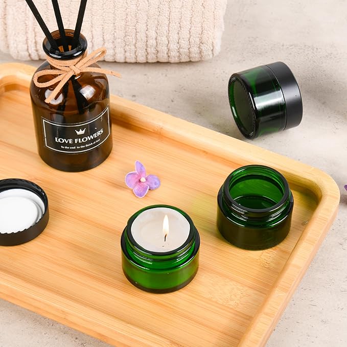 Glass Jars with Lids,Eco-Friendly Cosmetic Containers with Airtight Black Lids & Liners, Multi-Color Options for Cream, Lotion, Body Butter, DIY Skincare Travel Jars (Green, 1oz)