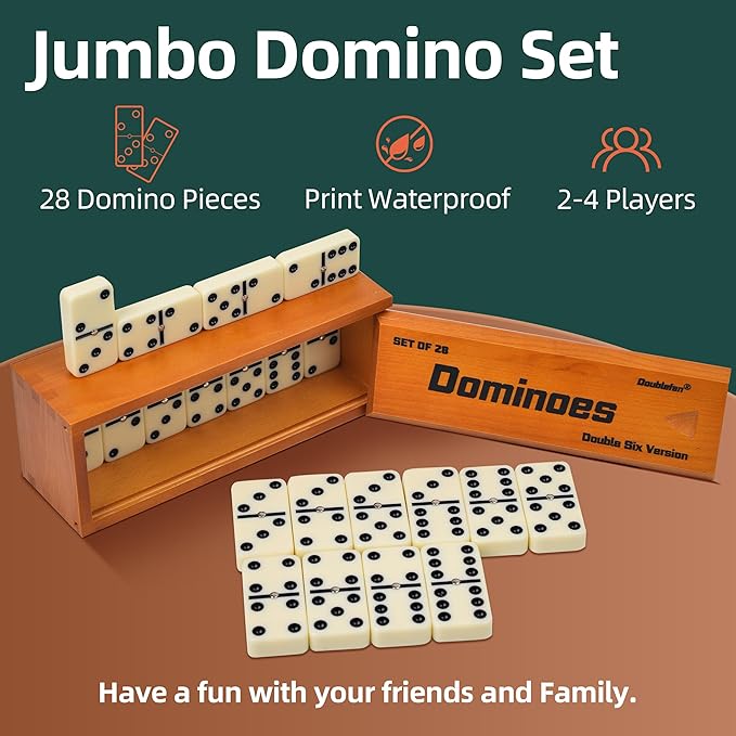 Dominos Set for Adults, Jumbo Size Double 6 Dominoes Set, Classic Board Game for Adults and Elderly, Double Six Thick Size Domino with Spinner 28 Tiles in Exclusive Brown Wooden Box.