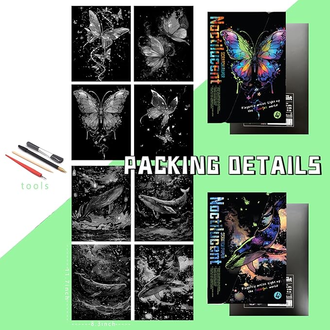 Scratch Paper Art for Adults-Glow in The Dark Scratch Painting Craft Kit (8 Sheets A4)|DIY Foil Engraving Art Set|Stress Relief Gift for Travel Lovers,Craft Lovers,Home Decors (Butterfly & Whale)