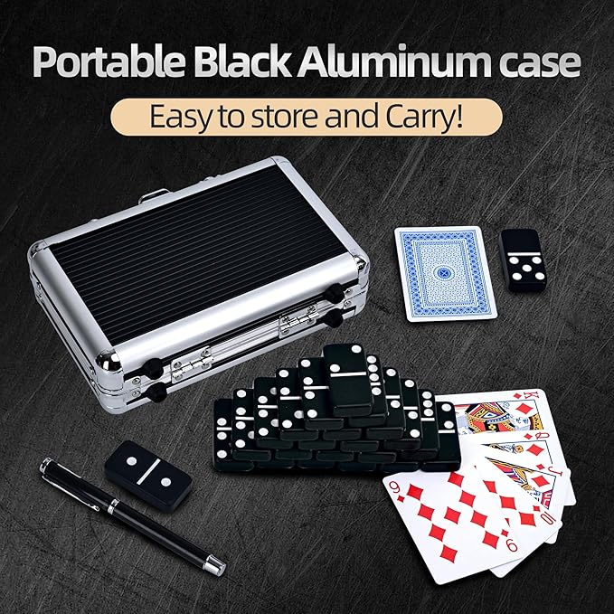 Dominos Set for Adults, Jumbo Size Black Dominoes for Classic Board Games, Double Six Jumbo Size Dominos Set 28 Tiles with Black Aluminum - Juegos de Mesa, Festival Present (2-4 Players)