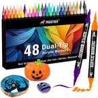 48 Colors Acrylic Paint Markers, Dual Tip with Fine Tip and Brush Tip Pens for Stone, Wood, Calligraphy, Canvas, Ceramic, Metal, Glass, Rock Painting, DIY Crafts