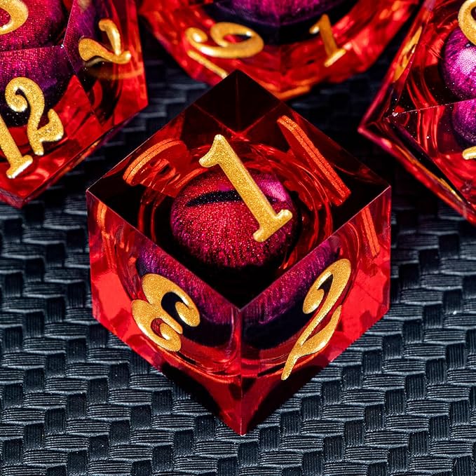 ARUOHHA DND Dragon Eye Dice Liquid Core Red Resin Sharp Edged Dice with Gift Box, Polyhedral D and D Dice Set Handmade Role Playing Game D20 D12 D10 D8 D6 D4
