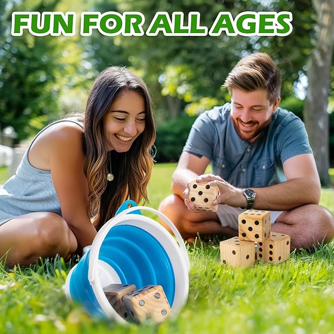 ropoda 3.5" Giant Wooden Yard Dice Set for Outdoor Fun, Barbeque, Party Events, Backyard Games, Lawn Games Includes 6 Dice, Collapsible Bucket, Score Cards & Dry Erase Marker