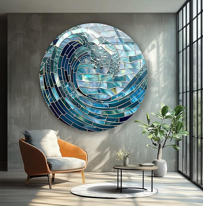 My Photostation.com 10''(25cm) Diameter Ocean Wave in Blue Mosaic Round Glass Wall Art Tempered Glass Printing Wall Decor Large Wall Art Wall Hangings