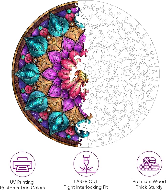 Wooden Puzzles for Adults, Mandala Puzzles 200 Pieces, Unique Shaped Jigsaw Puzzles for Adults and Kids, Birthday Gifts Fun Challenge Family Game 11.2'' x 11.2''