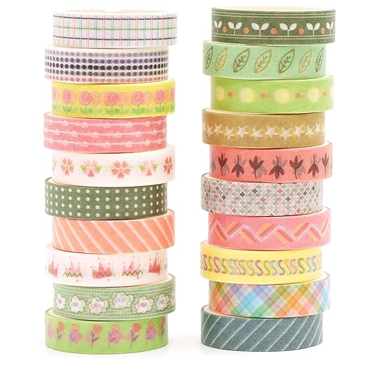20 Rolls Basic Washi Tape Set Japanese Arts Adhesive Tapes Simple Patterns Decorative Masking Tape Sets for Craft, Kids, Scrapbook, DIY, Gift Wrapping (Style Five)