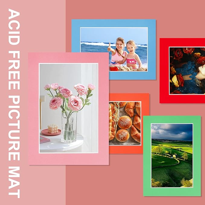 HOTUO 10 Pack 5x7 Mixed Colors Picture Mats, 4 Ply Thickness Frame Mattes for 4x6 Photo, Photo Mat with Core Bevel Cut, for Frames/Artwork/Print/Picture