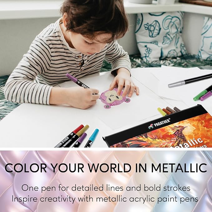 24 Metallic Colors Acrylic Paint Markers, Dual Tip with Fine Tip and Brush Tip Pens for Stone, Wood, Calligraphy, Canvas, Ceramic, Metal, Glass, Rock Painting, DIY Crafts