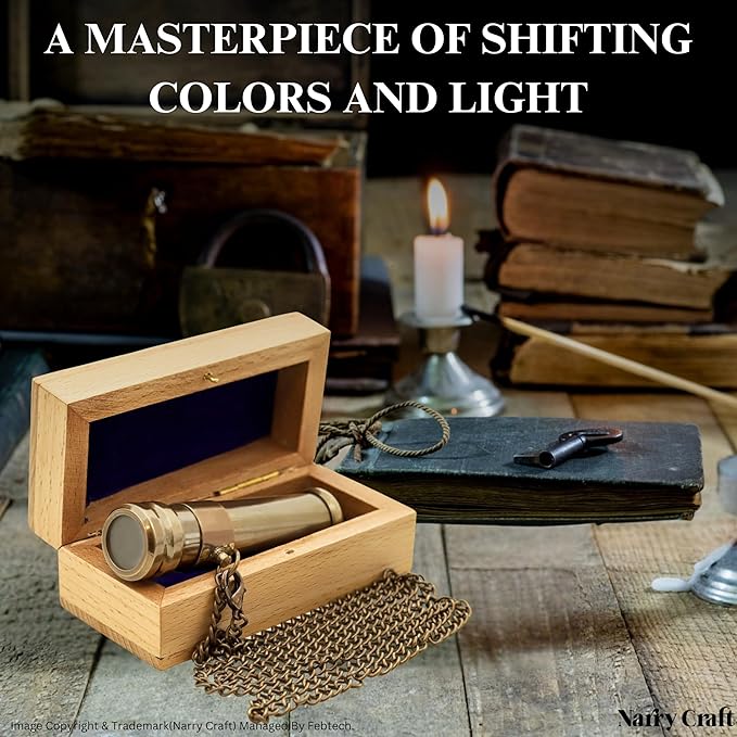 Brass Kaleidoscope with Wooden Box | Handcrafted Vintage Kaleidoscope with Optical Glass Lens & Wooden Storage Box – Collectible Gift for Kids & Adults Last-Minute (Silver/Brass, Small)