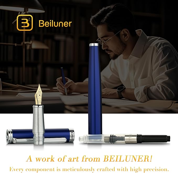 BEILUNER Luxury Fountain Pen Set,Solid 24K Gilded Fine Nib, Modern Classic Limited Edition -Includes 6 Ink Cartridges&Ink Refill Converter with Gift Case-Perfect for Men and Women（Charming blue）