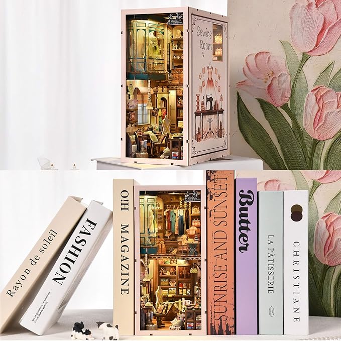 Book Nook Kit - Sewing Room DIY Miniature House Dollhouse Kit for Adults and Teens, Booknook Tiny House Bookshelf Decor 3D Wooden Puzzle, Gifts for Family and Friends