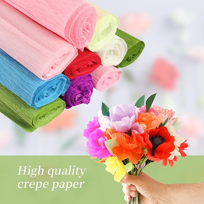 72Pcs Crepe Paper Flower DIY Kits, 20 Colors Crepe Paper Rolls 8.2ft Long 9.84 Inch Wide, 50 Pcs Green Floral Iron Wire and 2 Roll Green Tape for Birthday Parties Weddings Festival Decoration