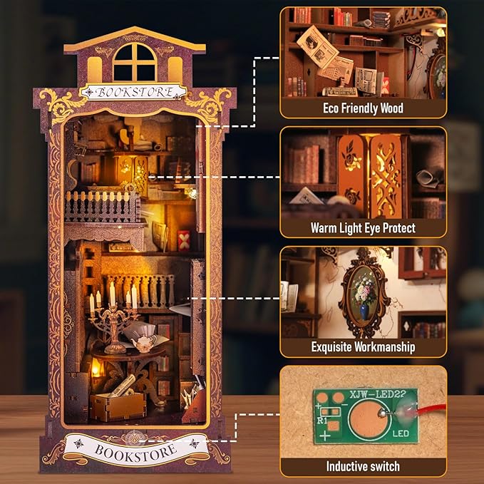 Book Nook Kits for Adults, Miniature House Dollhouse Kit for Teens, DIY Crafts for Adults, Bookshelf Decor Bookstore with LED Light, Gifts for Family and Friends