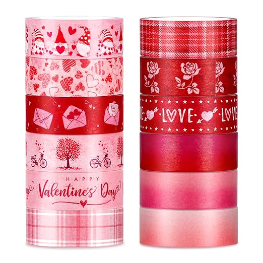 Whaline 12 Rolls Valentine Washi Tape Red Pink Heart Gnome Love Masking Tape for Wedding Scrapbook DIY Craft Gift Wrapping, 0.6" x 16.4ft
