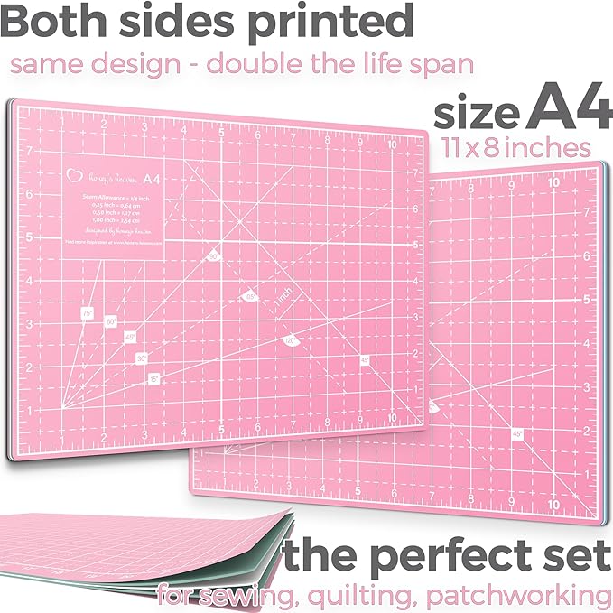 Rotary Cutter Set - Quilting Kit incl. 45mm Fabric Cutter, 5 Replacement Blades, A4 Cutting Mat, Acrylic Ruler and Craft Clips - Ideal for Crafting, Sewing, Patchworking, Crochet & Knitting (Pink, A4)
