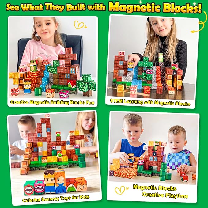100PCS Magnetic Blocks Magnetic Building Blocks Sensory Toys for Kids Ages 3-5 6-8 8-12 Kids Game Toys for 3+ Year Old Boys & Girls, 3 4 5 6 7 8 9 10 Year Old Boy Birthday