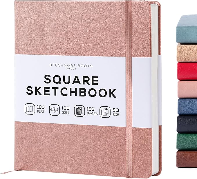 Beechmore Books Square Sketchbook – 8x8 Premium Vegan Leather Bound Large Sketch Book Hardcover with 156 Thick 160gsm Perforated Ivory Pages, Blank Sketch Pad, Gift Boxed Back Pocket, Ribbon Bookmark