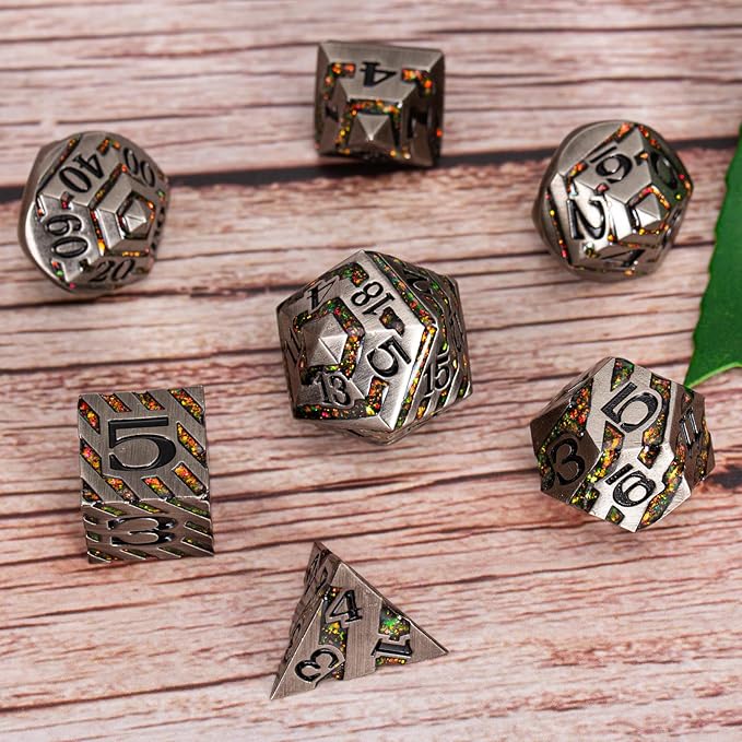 Anitque Metal Dice D&D,Metal Glitter Stripe Dice 7pcs Set with Gift Case,Polyhedral Dice for Role Playing Game (Antique Nickel Red)