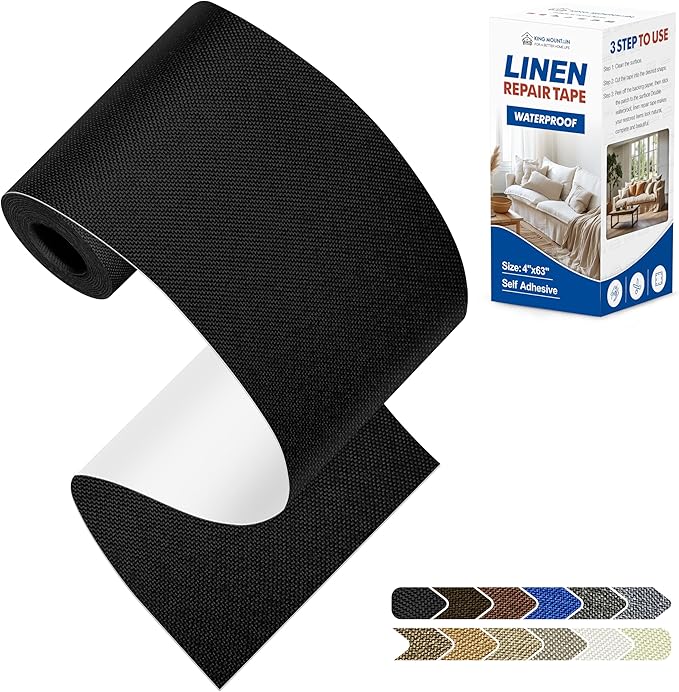 KING MOUNTAIN Linen Repair Patches, Self-Adhesive Linen Fabric Patches, 4 X 63 inch Extra Size, Multi Color, Can be Used for Linen Sofa Repair and Linen Clothes Repair (Black)