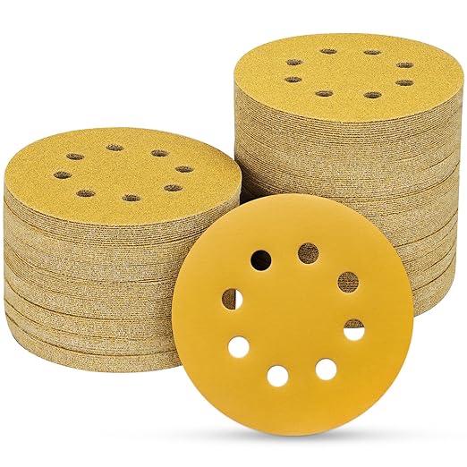 100PCS 5 Inch 8 Hole Sanding Discs 400 Grit,Gold Round Hook and Loop Sandpaper for Random Orbital Sander