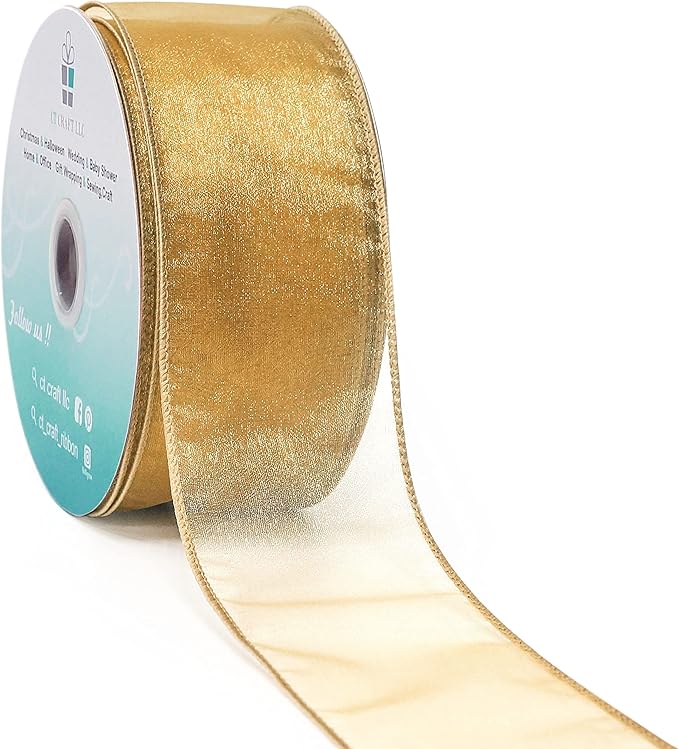 CT CRAFT LLC Sheer Organza Wired Ribbon 2.5" x 50Yards Tan (Gold) for Wedding Chair Bow Flora Bouquet Gift Wrapping Christmas Tree Home Decor Wreath