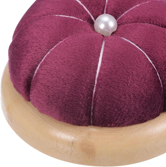 HARFINGTON Wooden Base Pin Cushion Japanese Style Cute Needle Holder Pincushions Round for Sewing Quilting Needlework DIY Crafts, Dark Red