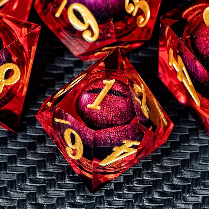 ARUOHHA DND Dragon Eye Dice Liquid Core Red Resin Sharp Edged Dice with Gift Box, Polyhedral D and D Dice Set Handmade Role Playing Game D20 D12 D10 D8 D6 D4
