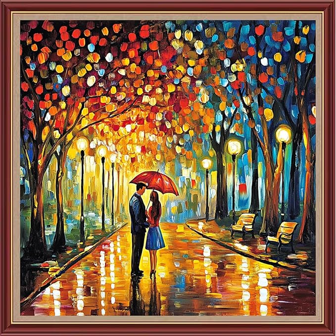 DMCXART Counted Cross Stitch Kits for Adults Needlepoint Kits Unprinted Cross Stitching Embroidery Kit 11CT Cross Stitch Supplies-Romantic Couple on a Rainy Night 18x18 inch