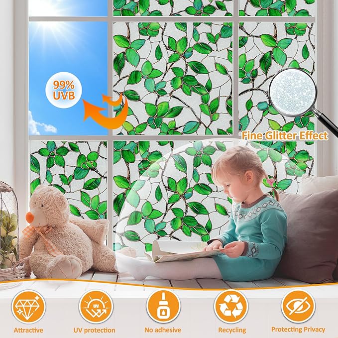 Window Privacy Film Stain Glass Window Film Rainbow Window Film Window clings Non-Adhesive Reusable Decorative for Room (Frosted Greenery Leaf, 17.5 x 78.7 in)
