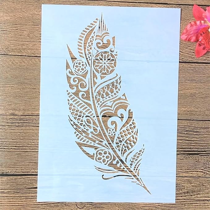 TIAMECH A4 Mandala Feather Stencil for Painting on Wood Reusable Big Feather Layering Stencil DIY Scrapbook Coloring Decorative Size 8.3 x 11.7inch Template