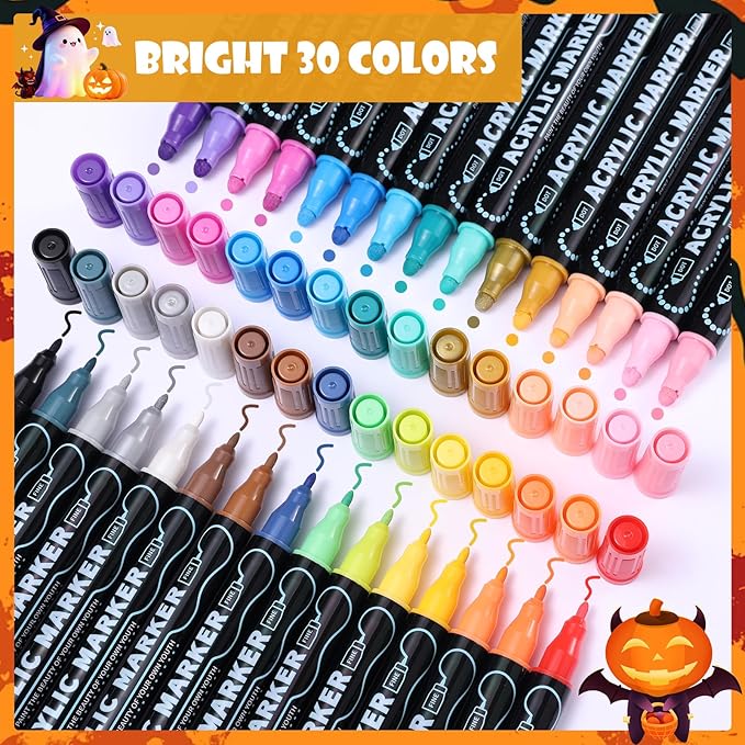 30 Colors Waterproof Dual Tip Acrylic Paint Pens, Dot & Fine Tip Premium Coloring Drawing Markers Set for Wood, Rock Painting, Canvas, Glass, Ceramic Surfaces and DIY Crafts Making Art Supplies