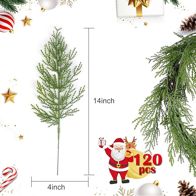Hananona 120 Pcs Artificial Faux Greenery Sprigs and Twigs - Pine and Cedar Stems for Christmas Holiday DIY, 120 Pieces, Green