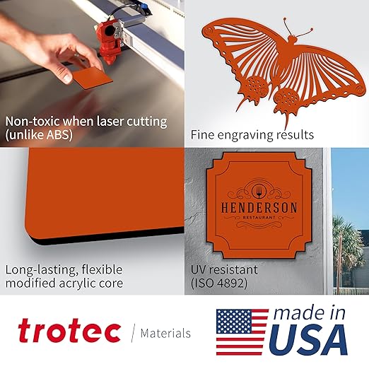 Trotec TroLase | 12"x12"x1/16", 8 Pcs | Orange/Black | 2 Ply | Modified Acrylic | Laser Engraving Double Color Plastic Sheet | Engraving Blanks for Laser, Saw, Guillotine | Made in USA