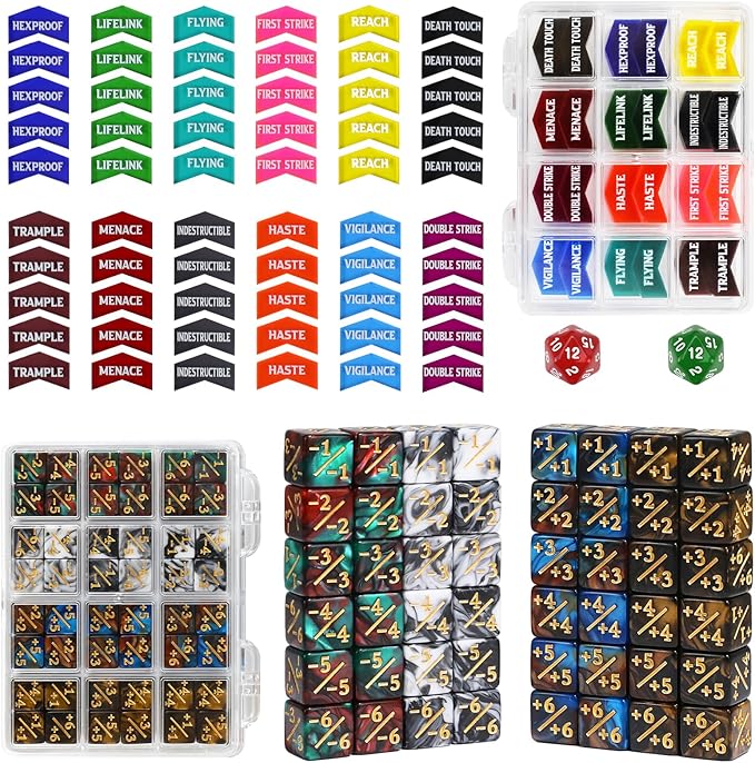 110PCS MTG Tokens & 12mm Magic Counter +1/+1 MTG Dice Set, Buff Ability Keywords Tokens Life Counters 6 Sided Dice, Compatible with Magic The Gatering CCG TCG Magic Card Game Accessories