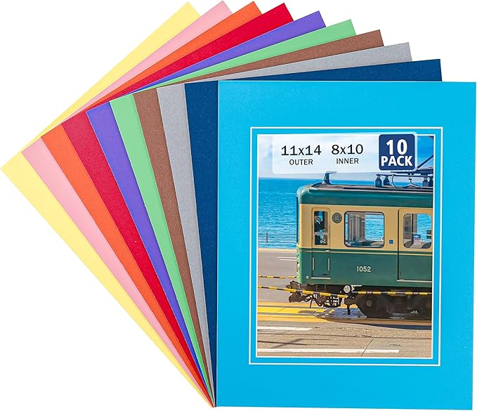 HOTUO 10 Pack Colorful 11x14 Picture Mats, Pre-Cut Picture Frame Mat with Ivory Core Bevel Cut for 8x10 Photo, Signature Friendly 4 Ply Thickness Photo Mat for Frames (Colorful with V-Groove)