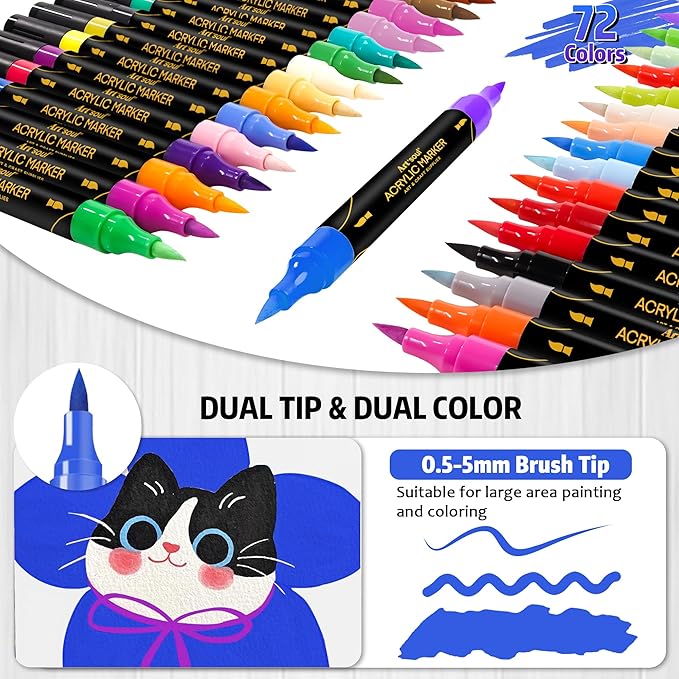 72 Colors Acrylic Paint Pens, 36 Pack Dual Tip Acrylic Paint Pens Markers for Rock Painting, Wood, Stone, Canvas, Ceramic, Glass Surfaces, DIY Crafting & Art Supplies