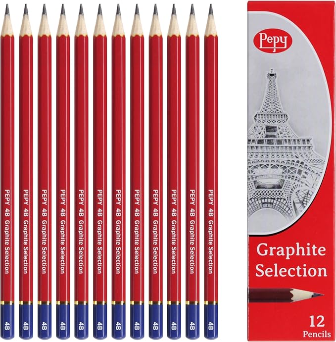 Pepy Graphite Professional Drawing Pencils - Set of 12 4B Pre-Sharpened Black Lead Pencils; Perfect for Drawing, Sketching and Shading, Graphic and Fine Art