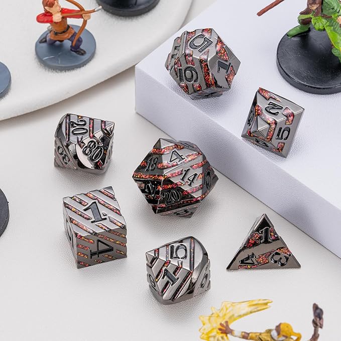 Metal Dice Set DND,Metallic Glitter Stripes D&D Dice Set,7 PCS Polyhedral Dice Set with Gift Case for Dungeons and Dragons Tabletop Game(Black Nickel Red)