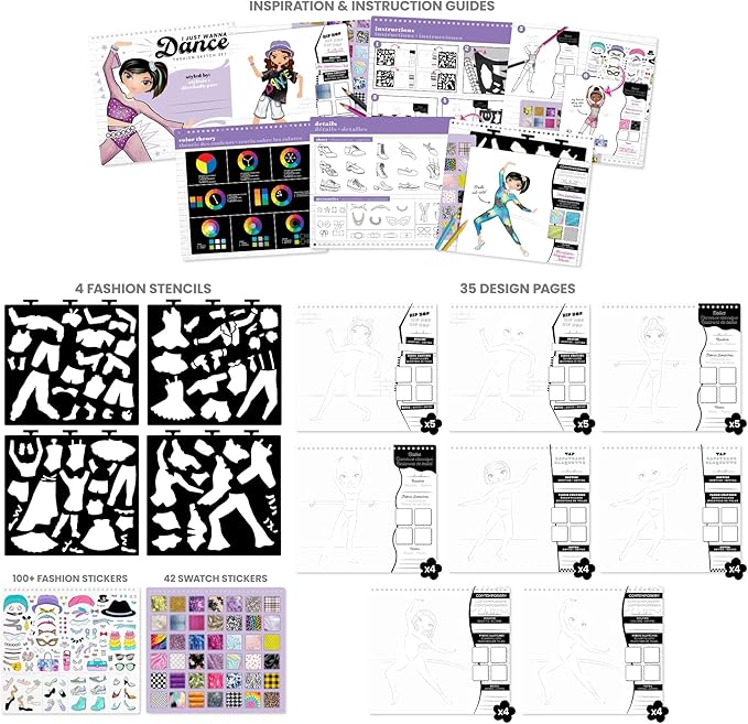 Fashion Angels I Just Wanna Dance Fashion Sketch Set, Create Dance-Themed Outfits with 35 Sketch Pages, 100+ Stickers & Stencils, Fun Craft Kit for Kids