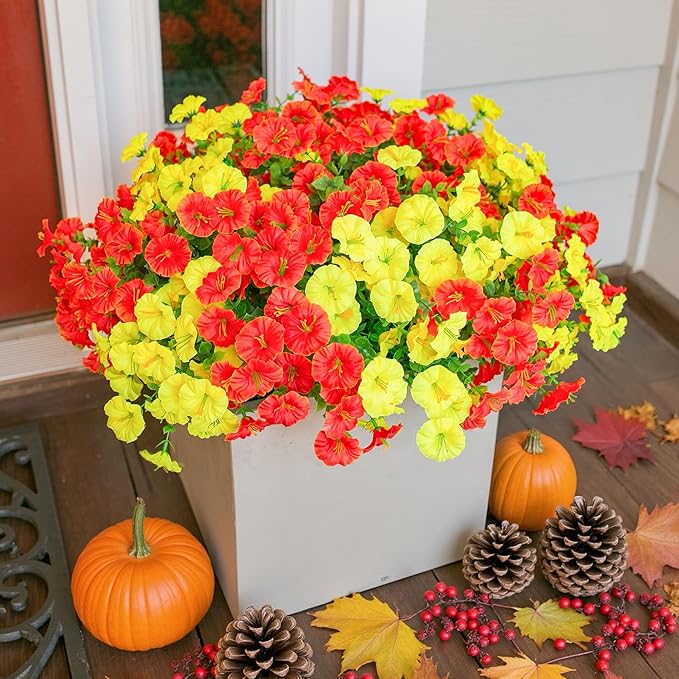 Fake Mums Fall Artificial Flowers Plants for Outdoors Autumn Decoration, 12 Bundles Silk Morning Glory with Eucalyptus Realistic UV Resistant Faux Mums for Outside Planter Yard Garden Home Indoor, Mix