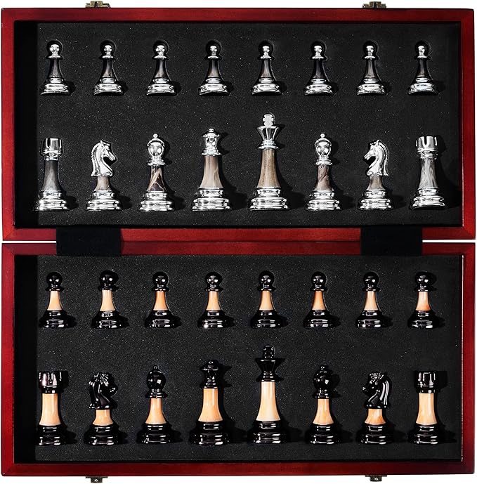 VAMSLOVE Chess Set Large 16''/42cm Folding Wooden Board with Deluxe Weighted Acrylic Chess Pieces - 3.5" King with Storage Slots for Adults House Warming Retirement Gift